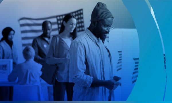 不同群体的美国公民在投票站，透明的蓝色覆盖在图像上
